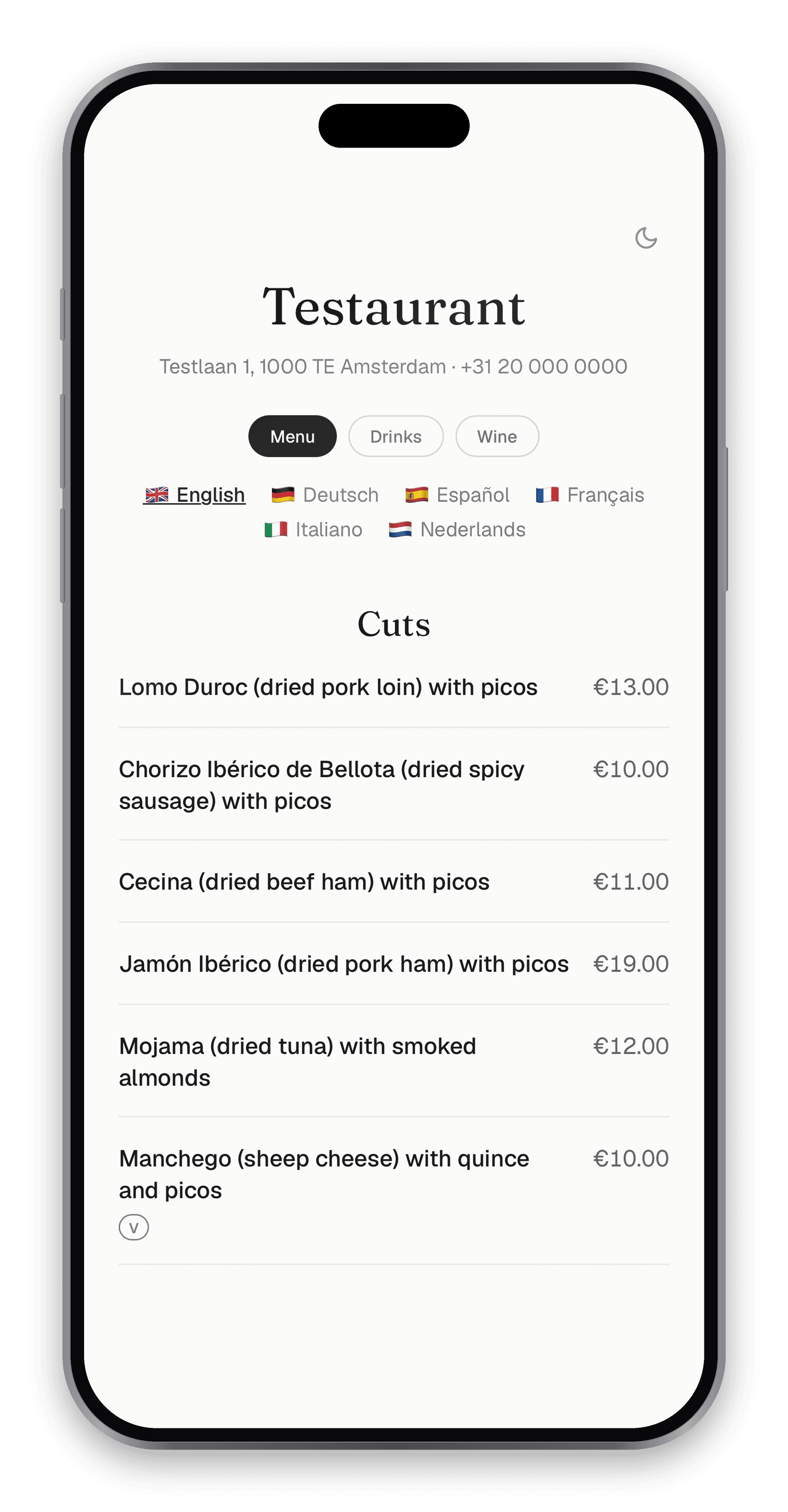 Phone showing the menu in Spanish, light mode, phone’s language set to Español. 640×860.