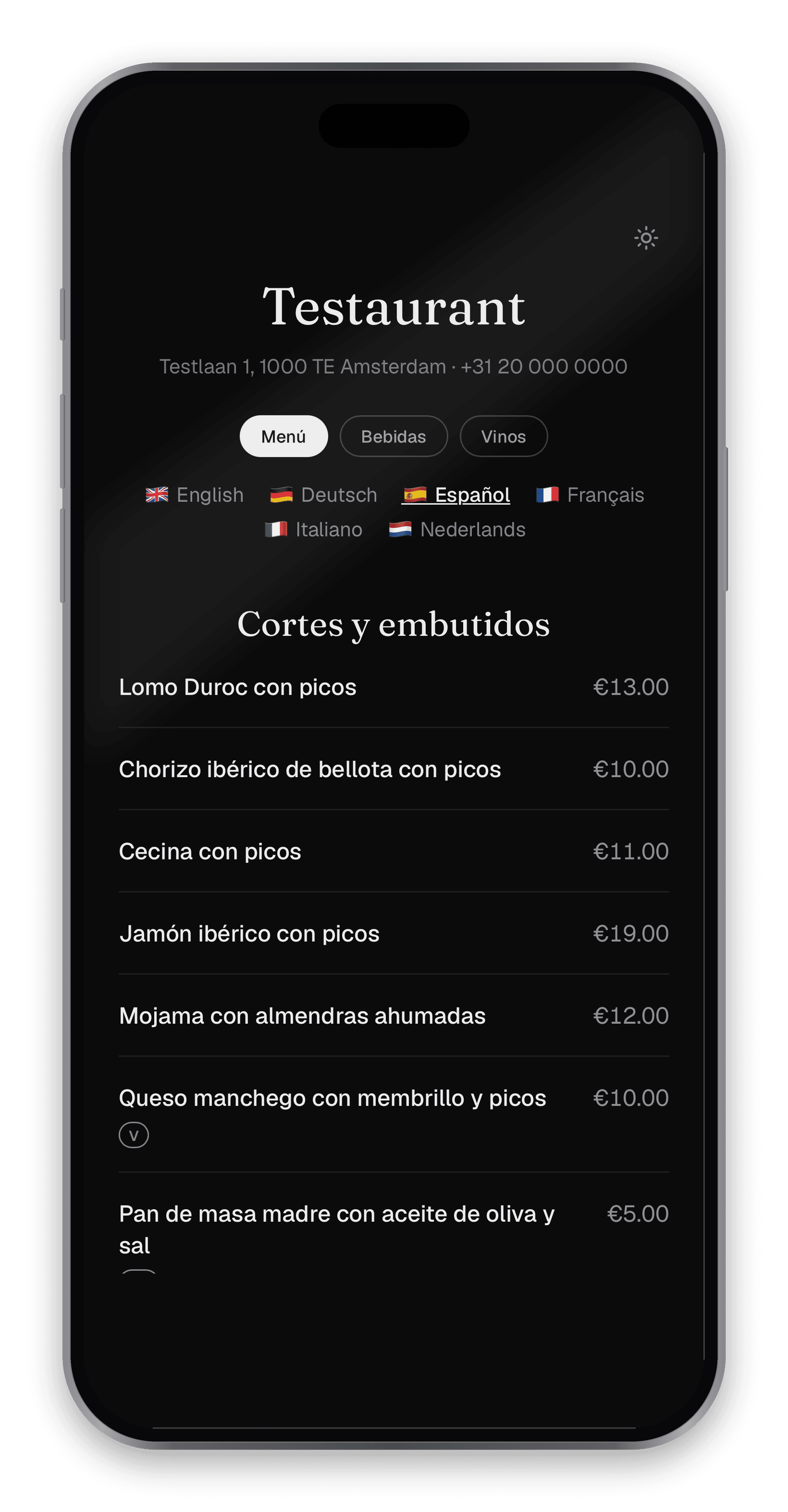 Same menu, same restaurant, English, dark mode. Shot to match the light one exactly so the pair reads as one feature. 640×860.