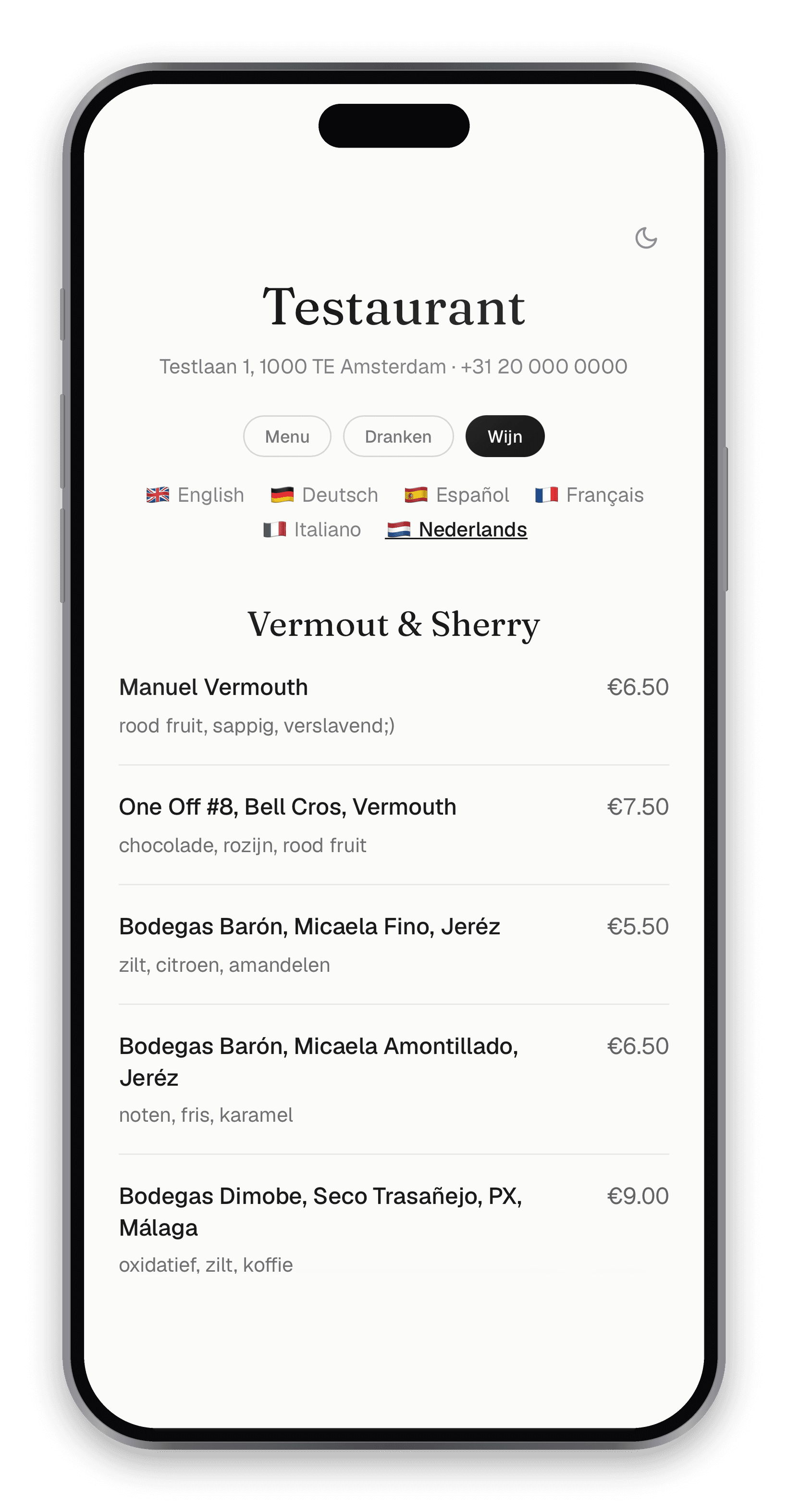 Phone in hand showing the menu page, light mode. Restaurant interior soft behind it. 660×860.
