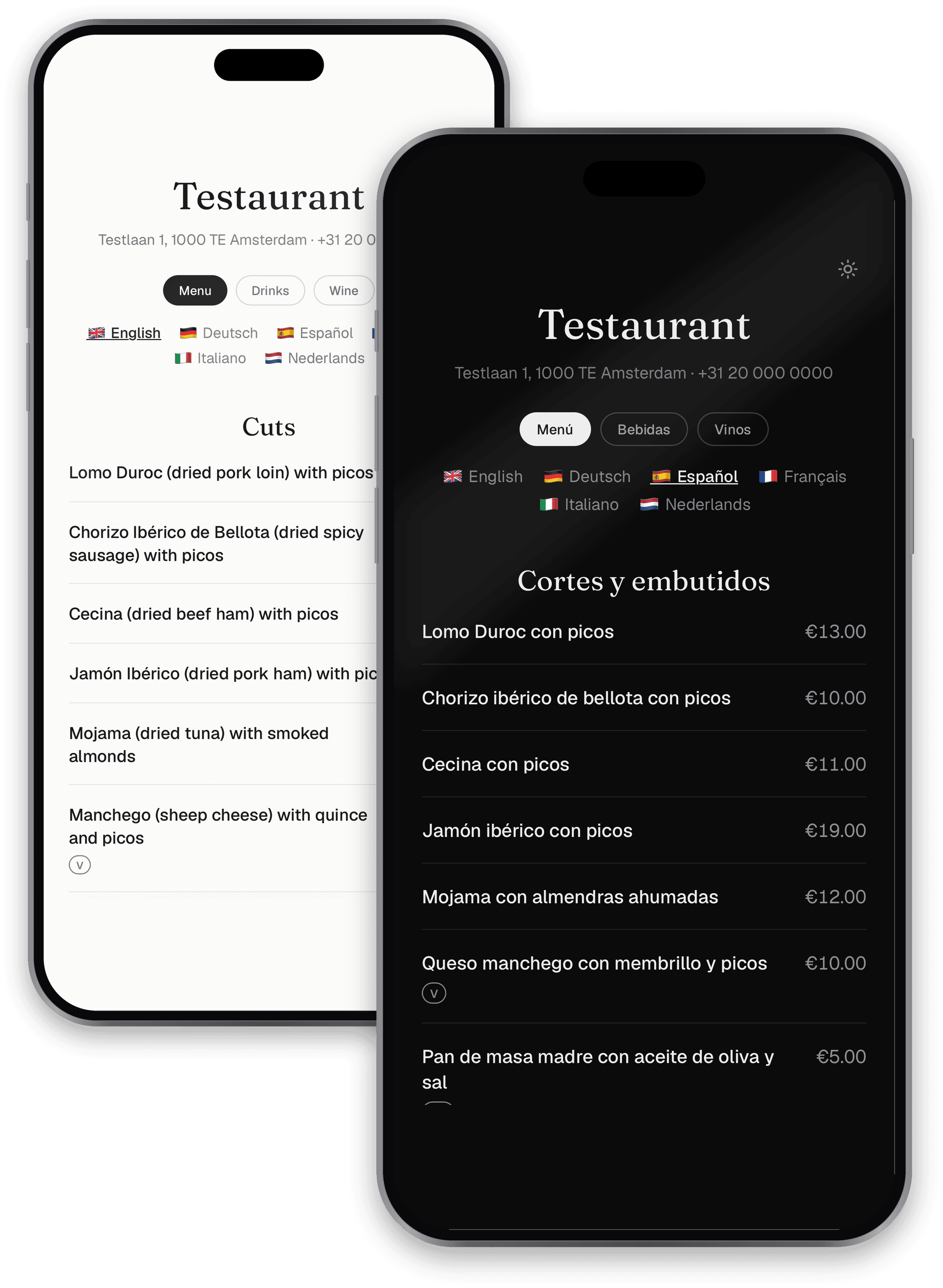 Phone in hand, Kaantaa menu open in Spanish, light mode. Real device, real hand, restaurant table just out of focus. 700×980.