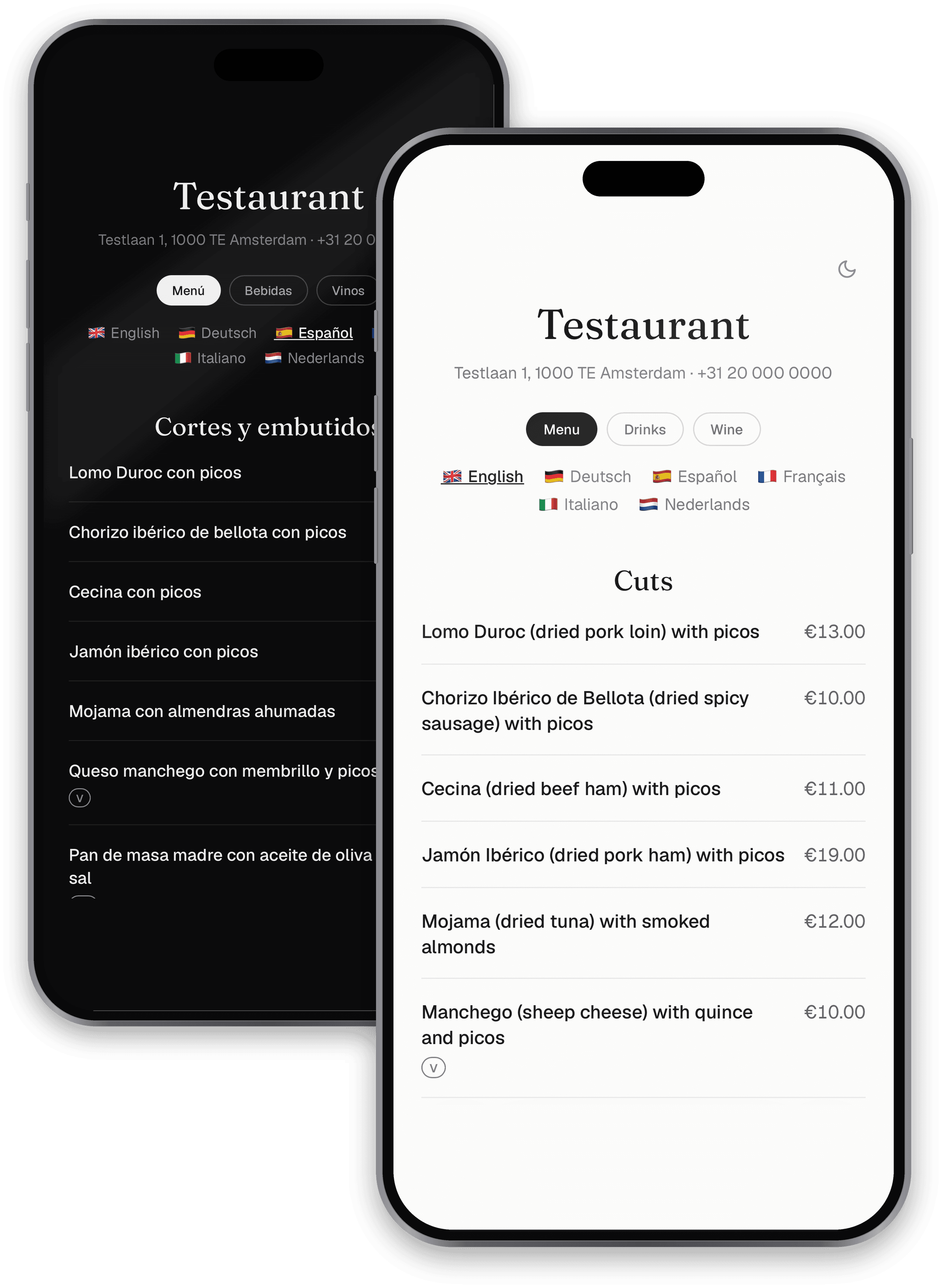 Two phones side by side at the same table, same menu: one in Spanish on light mode, one in English on dark mode. 760×760.