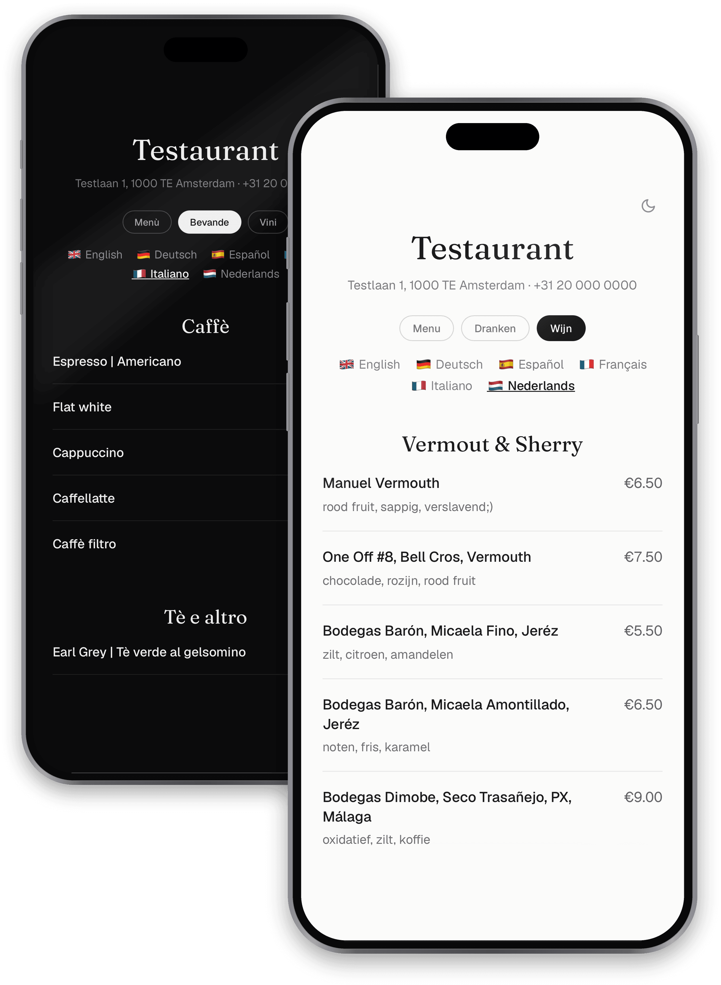 Same menu on two phones at one table: one language on light mode, another on dark. Shot as a matched pair. 800×720.