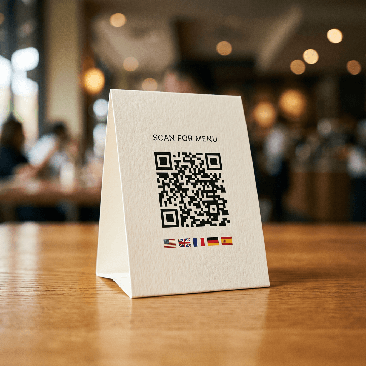 Table sticker or tent card with the QR code, on a real table. Cutlery and a glass in frame, warm restaurant light. 680×680.